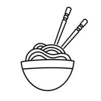 Noodle bowl with chopsticks doodle drawing. Asian food icon. Black and white vector outline illustration isolated on white background