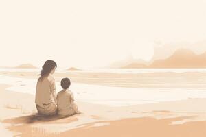 Mother's Day illustration with a minimalist style that showcases a mother and child enjoying a peaceful day at the beach. Soft, muted tones. photo