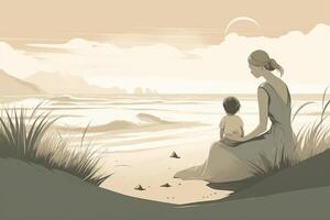 Mother's Day illustration with a minimalist style that showcases a mother and child enjoying a peaceful day at the beach. Soft, muted tones. photo