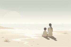 Mother's Day illustration with a minimalist style that showcases a mother and child enjoying a peaceful day at the beach. Soft, muted tones. photo