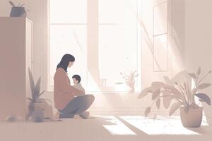 Minimalist Mother's Day illustration that depicts a mother and child in a peaceful indoor setting. Soft, muted tones. photo