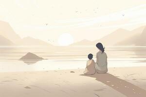 Mother's Day illustration with a minimalist style that showcases a mother and child enjoying a peaceful day at the beach. Soft, muted tones. photo