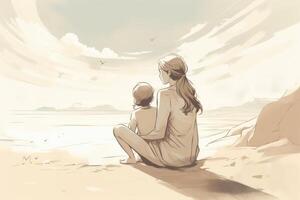 Mother's Day illustration with a minimalist style that showcases a mother and child enjoying a peaceful day at the beach. Soft, muted tones. photo