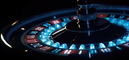 Roulette wheel with blue background and lights, casino photo. Generative AI photo