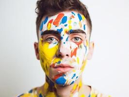 un hombre pinturas su cara creado con ai generado foto