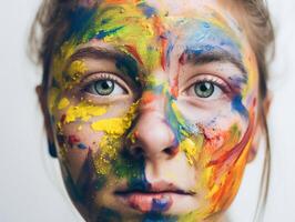un mujer pinturas su cara creado con ai generado foto