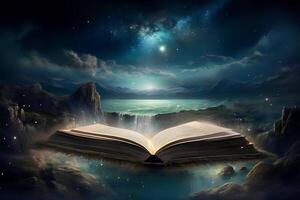 Magical Fairy Tale Book Opens to Breathtaking Galaxy Landscape created with technology photo