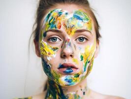 un mujer con cara pintar creado con generativo ai tecnología foto