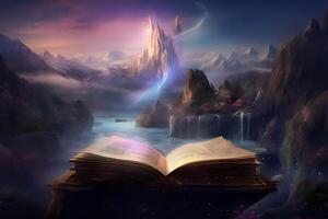 Magical Fairy Tale Book Opens to Breathtaking Galaxy Landscape created with technology photo