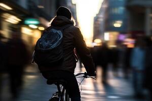 Photo of a person riding a bike in the city crowd under the lights at night in the city, and among the crowds of people. .