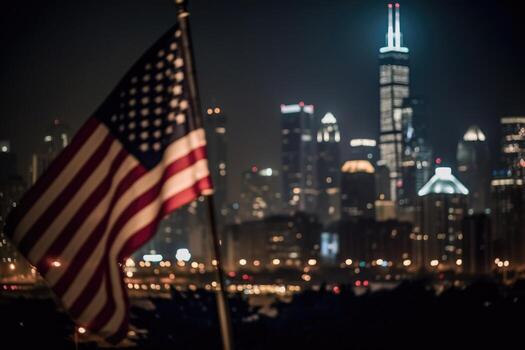 Photo of american flag in front of bokeh effect of cityscape in background.