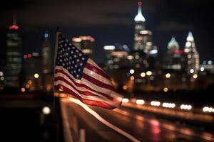 foto de americano bandera en frente de bokeh efecto de paisaje urbano en antecedentes. generativo ai