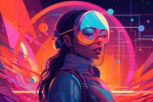 Abstract and retro futuristic robot woman illustration with multiple color laser neon effect. photo