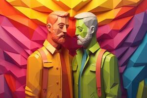 Gay men hugging each other, illustration in paper art style for pride month. photo