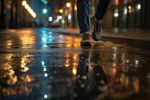 Photo of an athlete jogging in front of bokeh lights at night in the city.