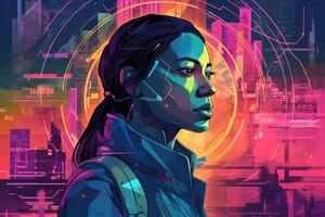 Abstract and retro futuristic robot woman illustration with multiple color laser neon effect. photo