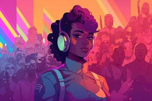 Abstract and retro futuristic robot woman illustration with multiple color laser neon effect. photo