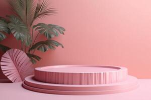 3d hacer de vacío rosado vacío podio con verano concepto para producto mostrar, vacío espacio antecedentes. generativo ai foto