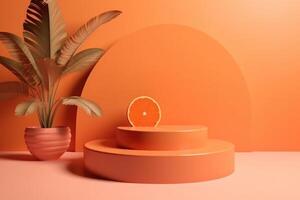 3d render of empty orange empty podium with summer concept for product display, empty space background. photo