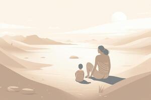 Mother's Day illustration with a minimalist style that showcases a mother and child enjoying a peaceful day at the beach. Soft, muted tones. photo