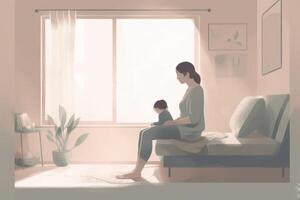 Minimalist Mother's Day illustration that depicts a mother and child in a peaceful indoor setting. Soft, muted tones. photo