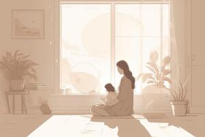 Minimalist Mother's Day illustration that depicts a mother and child in a peaceful indoor setting. Soft, muted tones. photo