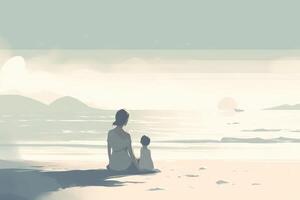 Mother's Day illustration with a minimalist style that showcases a mother and child enjoying a peaceful day at the beach. Soft, muted tones. photo