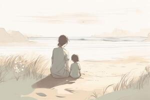 Mother's Day illustration with a minimalist style that showcases a mother and child enjoying a peaceful day at the beach. Soft, muted tones. photo
