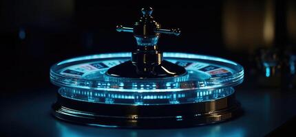 Roulette wheel with blue background and lights, casino photo. photo