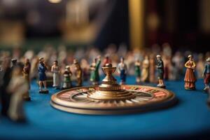 Roulette wheel, in the middle of the table on the casino table. photo