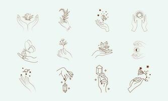 un conjunto de colecciones de iconos de mano de mujer en un estilo lineal mínimo. plantillas de diseño de logotipos vectoriales con diferentes gestos manuales, cristal. para cosmética, belleza, tatuaje, spa, femenino, joyería. vector