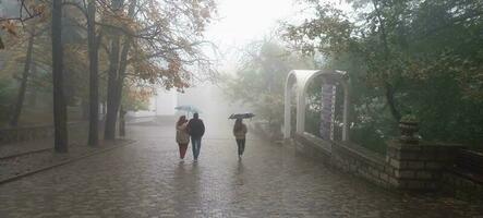 Soft focus. Peoples with an umbrellas in motion. Foggy morning at city alley. Tourists under an umbrella are walking in a park, walking in the fall in the rain, an autumn umbrella. Panoramic view. photo