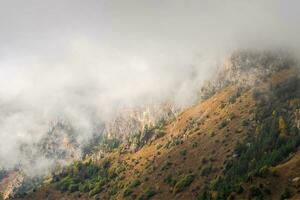Mountains in a dense fog and sunny slope. Mystical landscape wit photo