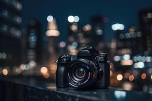 Dslr camera in the front with bokeh effect of the cityscape in the background. photo