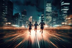 Photo of an athletes jogging in front of bokeh lights at night in the city.