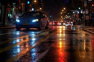 Photo of night city lights and traffic speeding by cars. Bokeh effect background.