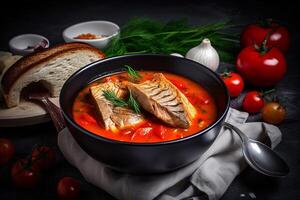 a bowl soup with salmon AI Generate photo