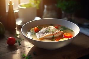 a bowl soup with salmon AI Generate photo