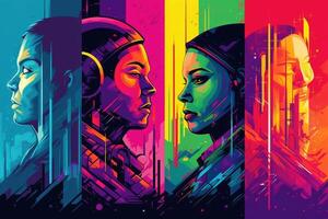 Abstract and retro futuristic robot woman illustration with multiple color laser neon effect. photo