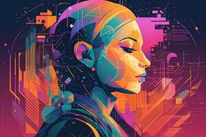 Abstract and retro futuristic robot woman illustration with multiple color laser neon effect. photo