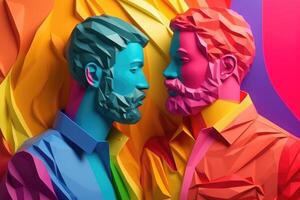 gay hombres abrazando cada otro, ilustración en papel Arte estilo para orgullo mes. generativo ai foto