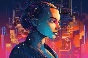 Abstract and retro futuristic robot woman illustration with multiple color laser neon effect. photo