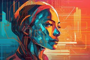 Abstract and retro futuristic robot woman illustration with multiple color laser neon effect. photo