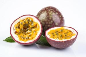 Passion fruit with leaf isolated on white photo