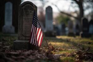 Memorial day photo with american flags in the cemetery.