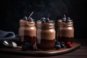 chocolate mousse dessert with berries in jar AI Generate photo