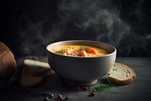 a bowl soup with salmon AI Generate photo