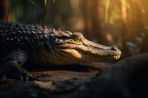 Portrait of crocodile in the river of forest AI Generate photo