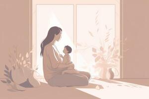 Minimalist Mother's Day illustration that depicts a mother and child in a peaceful indoor setting. Soft, muted tones. photo