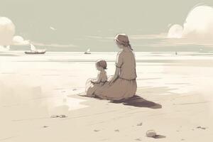 Mother's Day illustration with a minimalist style that showcases a mother and child enjoying a peaceful day at the beach. Soft, muted tones. photo